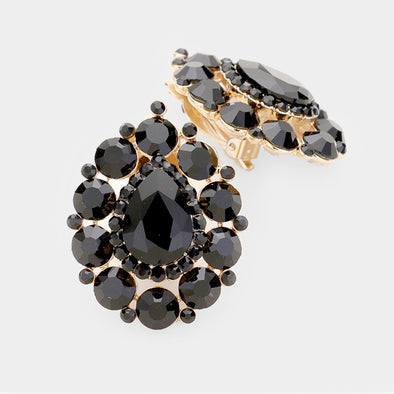 Black Crystal Round Clip-On Earrings