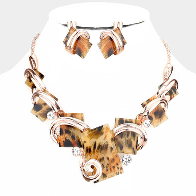 Leopard Patterned Rectangle Necklace Set