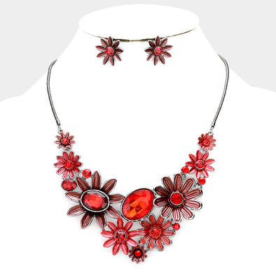 Red Floral Cluster Necklace Set